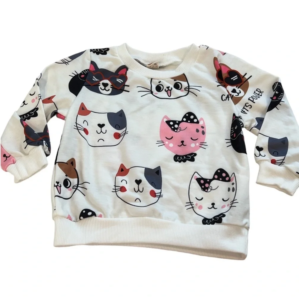 Girls Kitty Cat top shirt pullover crew neck with matching hair bows.